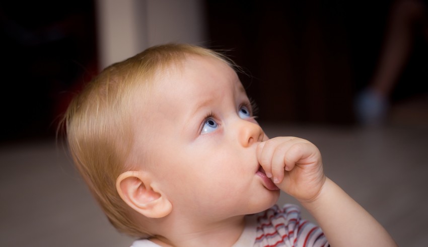 A baby is looking at something with his finger.