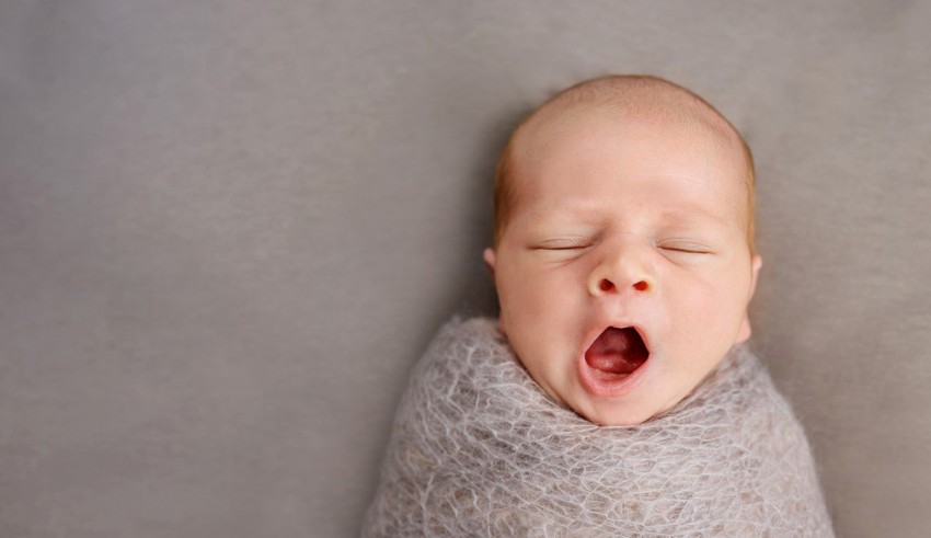 A newborn baby boy yawning on a gray background.