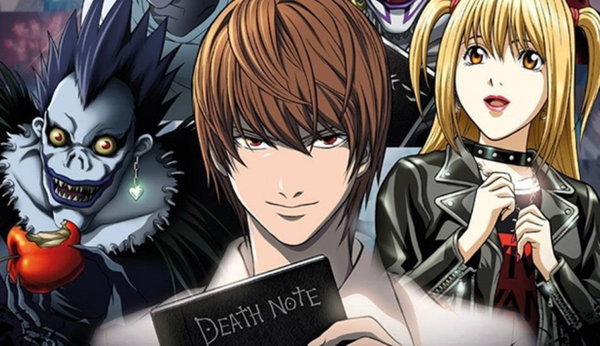 A group of anime characters with a book in their hands.