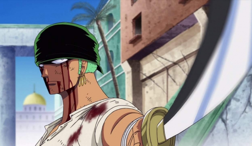 A man holding a sword in front of a city.
