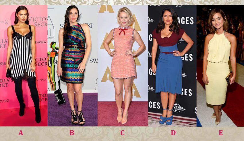 A collage of women in different styles of dresses.