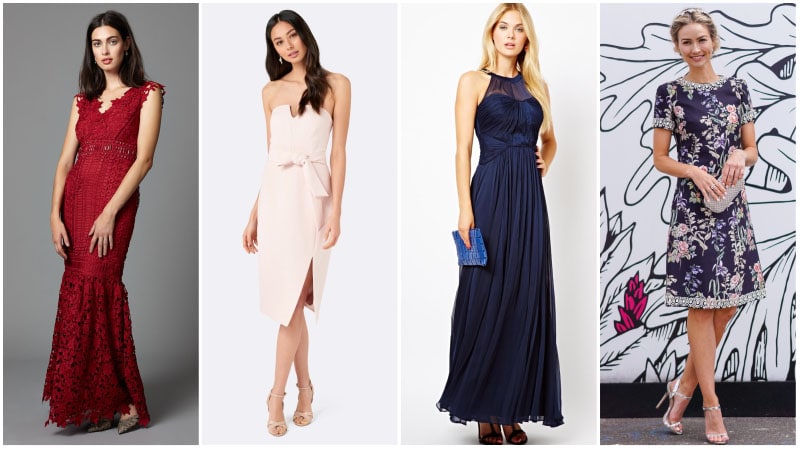 A collage of women in different dresses.