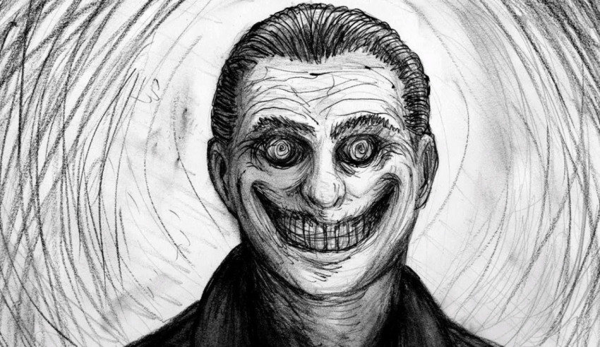 A black and white drawing of a man with a smile on his face.