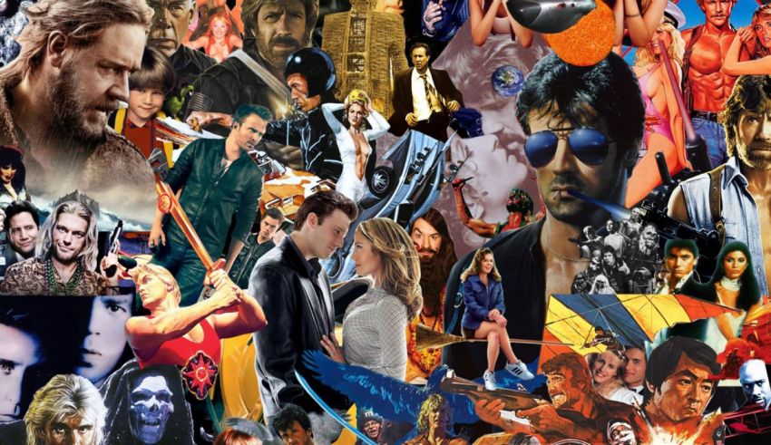 A collage of movie posters with many actors and actresses.
