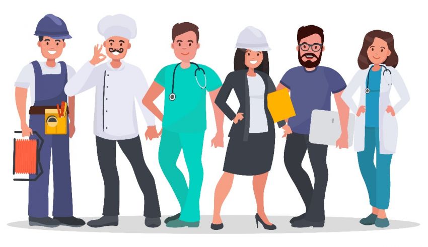 A group of people in different professions standing together.