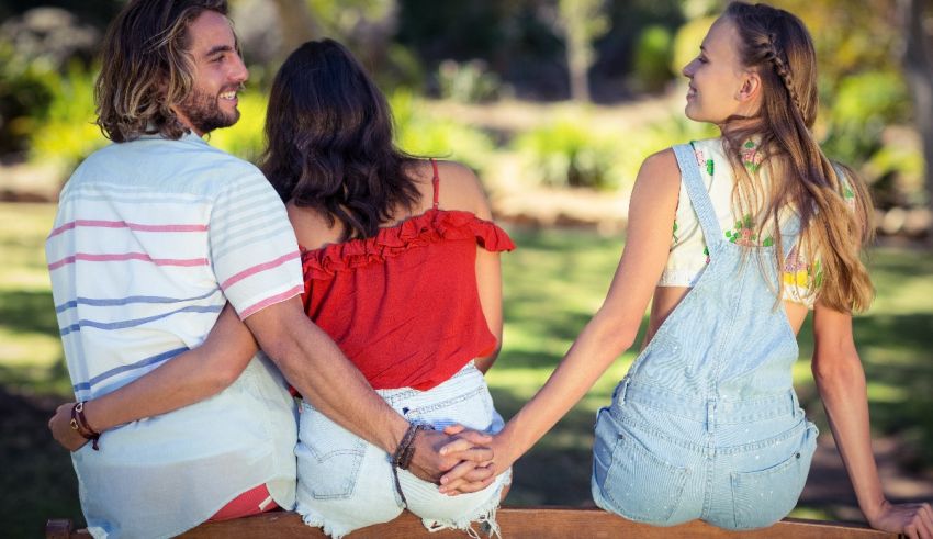 A group of friends sitting on a bench holding hands.