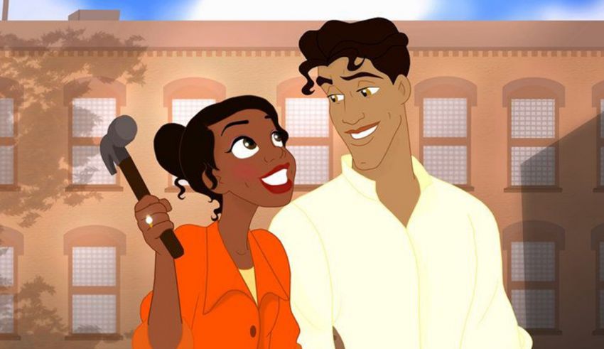 A cartoon couple holding a hammer in front of a building.