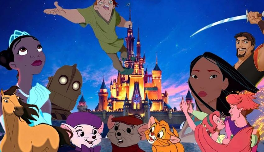 Disney cartoon characters in front of a castle.