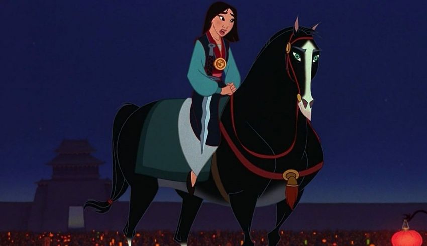 Mulan is riding a horse at night.
