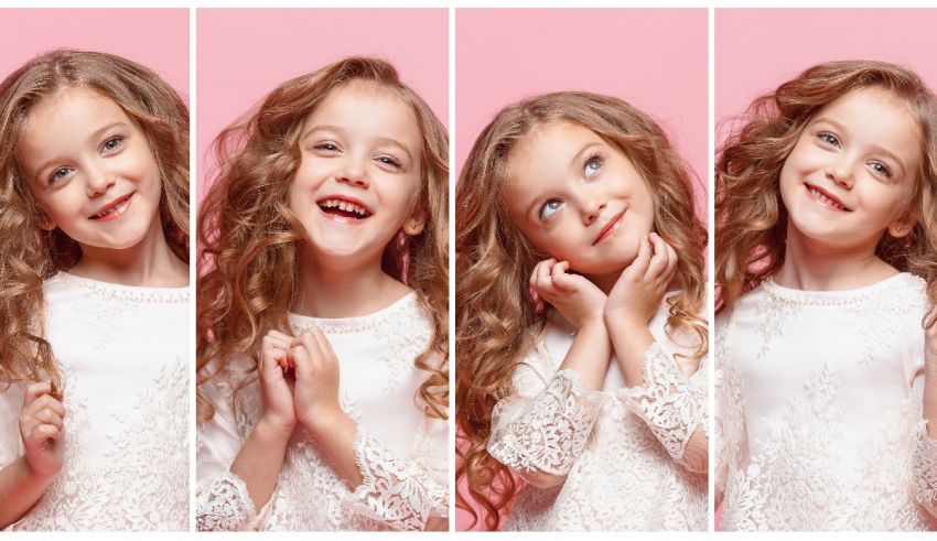 Four different pictures of a little girl with curly hair.