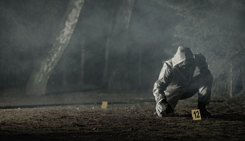 A man in a suit is kneeling down in the woods.