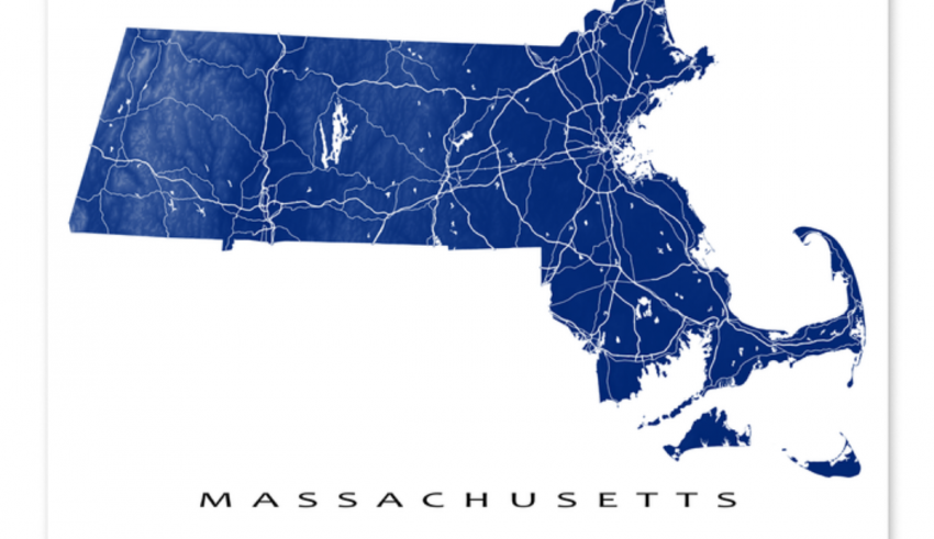 A blue map of massachusetts on a white background.