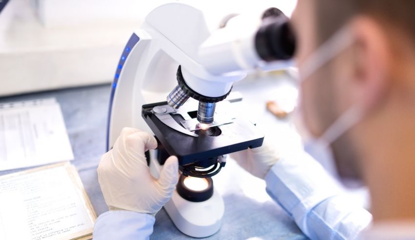 A man is looking through a microscope.
