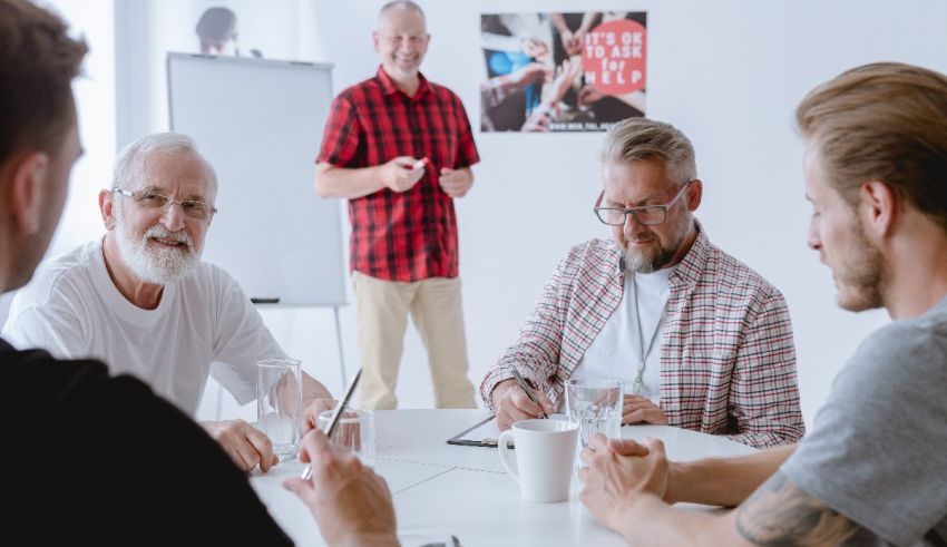 A group of people sitting around a table in a meeting room.
