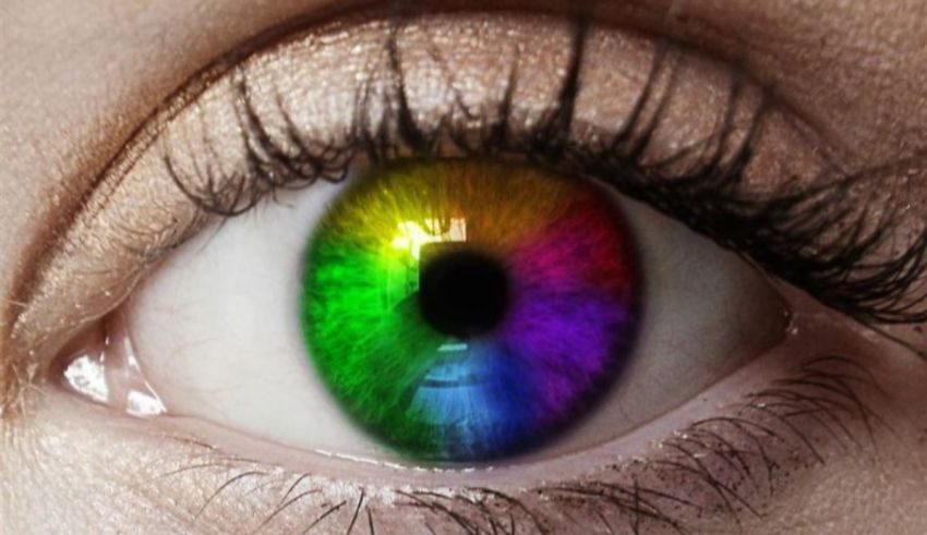A close up of a woman's eye with a rainbow colored iris.