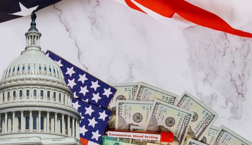 The us capitol building with money and an american flag.