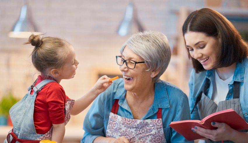A grandmother and a little girl are reading a book in the kitchen.