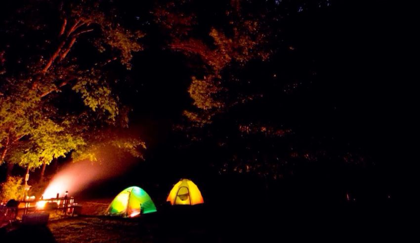 A group of tents and a campfire in the woods at night.
