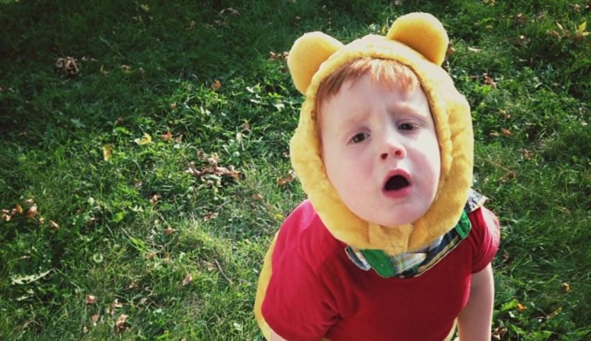 A young boy in a winnie the pooh costume.