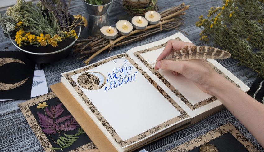 A person writing in a notebook with flowers and feathers.