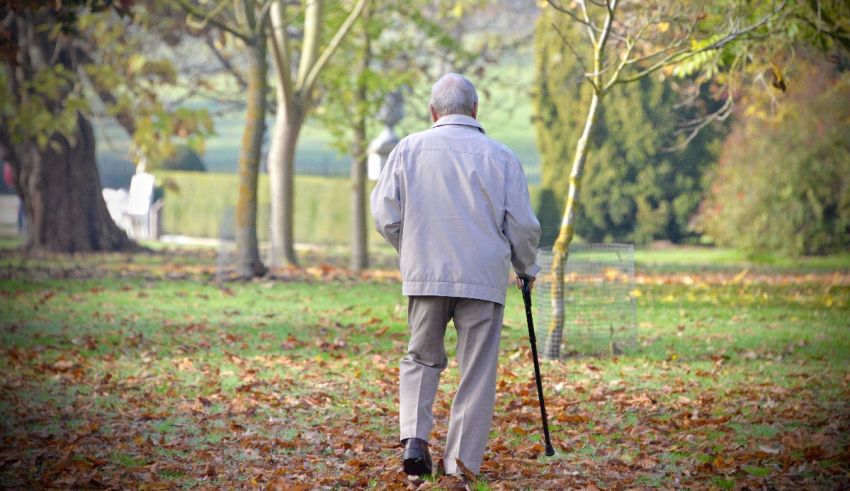 An older man walking through a park with his cane.