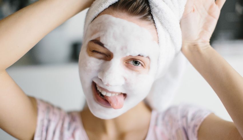 A woman with a face mask on her head.