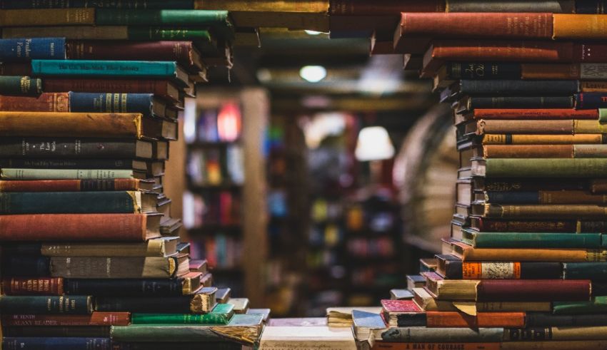 A stack of books in a bookshop.