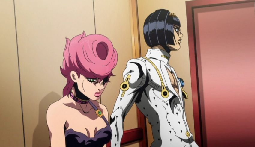 Two anime characters with pink hair standing next to each other.
