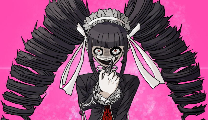 A girl with long black hair and a pink background.