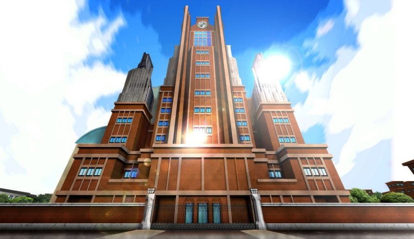 An image of a large building with a sun shining on it.