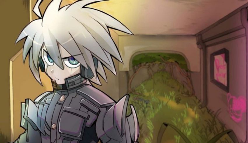 An anime character with white hair standing in a hallway.
