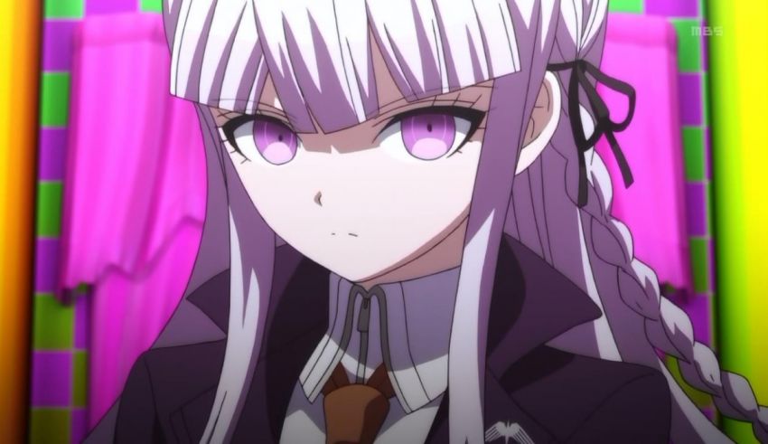 An anime character with long white hair in front of a colorful background.