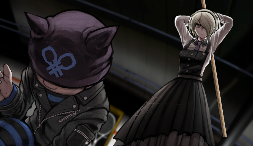 A girl in a black dress is holding a bat.