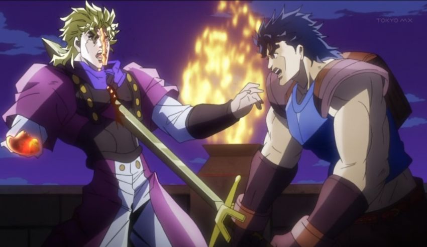 Two anime characters fighting in front of a fire.