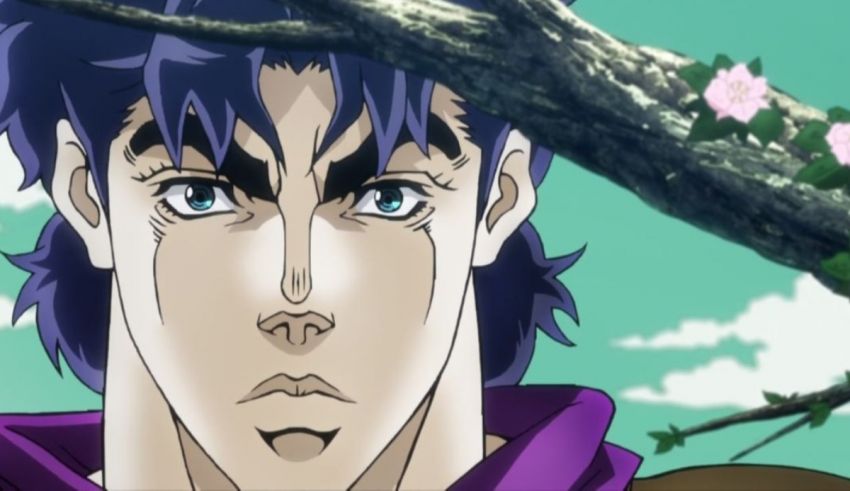 An anime character with purple hair and blue eyes.
