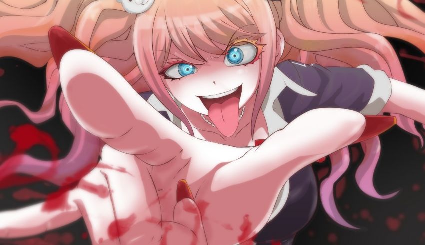 A girl with pink hair and blood on her hands.