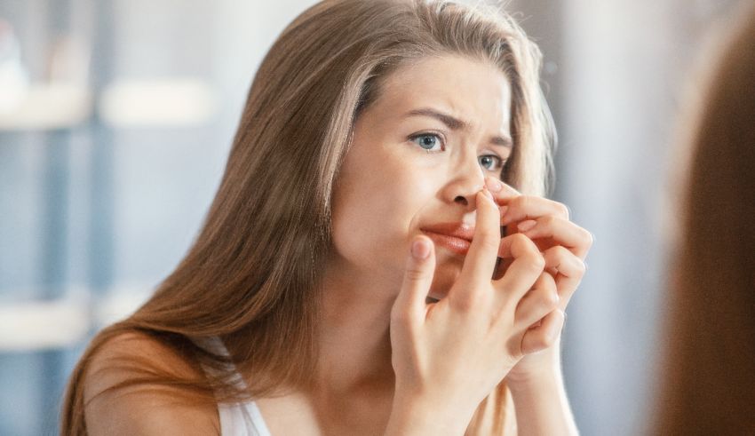 A woman is touching her nose in front of a mirror.