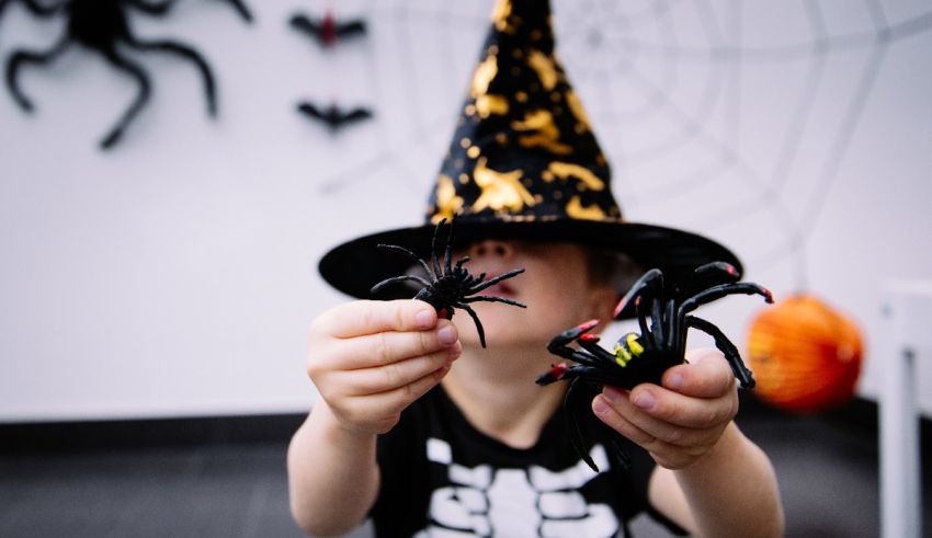 A little girl wearing a halloween hat with spiders and spider webs.