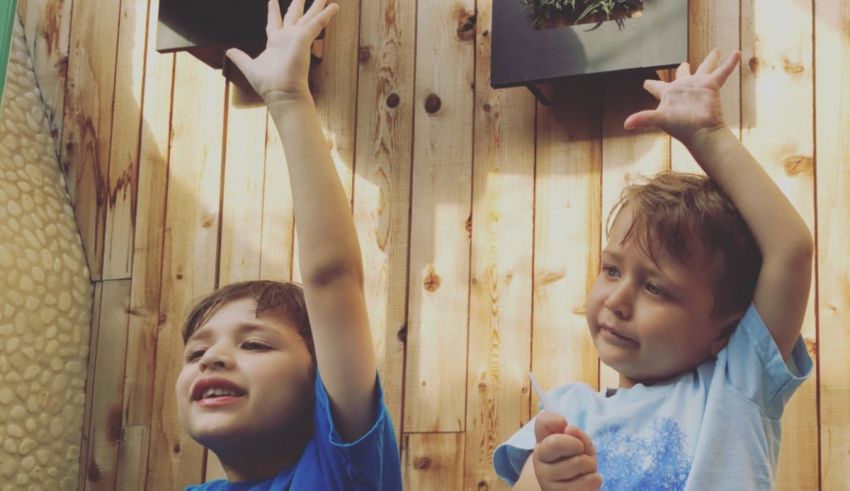 Two boys with their hands up in the air in an indoor play area.