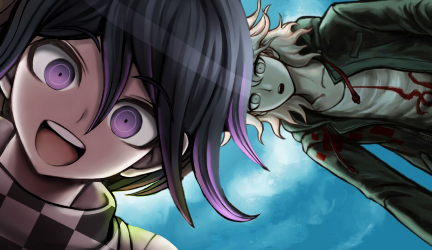A girl with purple hair is standing next to a girl with purple hair.