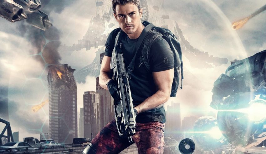 A man holding a gun in front of a city.