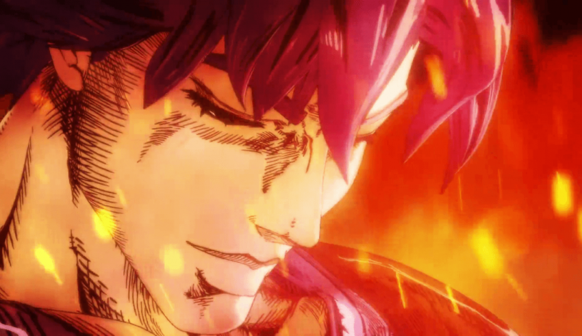 An anime character with purple hair and fire in his eyes.