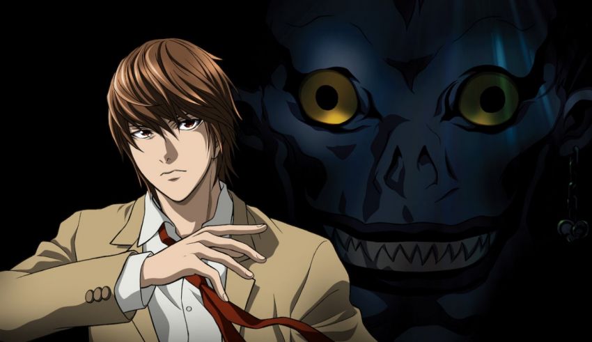 A man in a suit and tie is standing next to a demon.