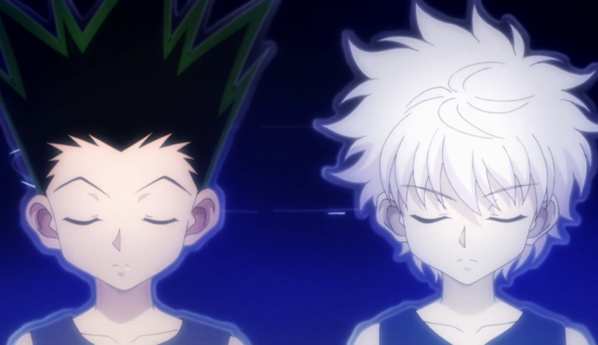 Two anime characters standing next to each other.