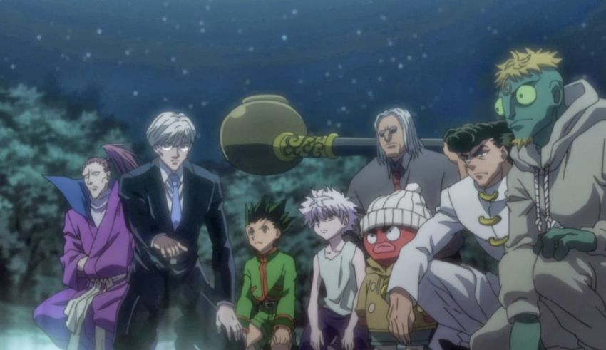 A group of anime characters posing in front of a snowy scene.