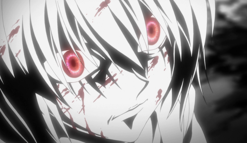 A black and white image of an anime character with red eyes.