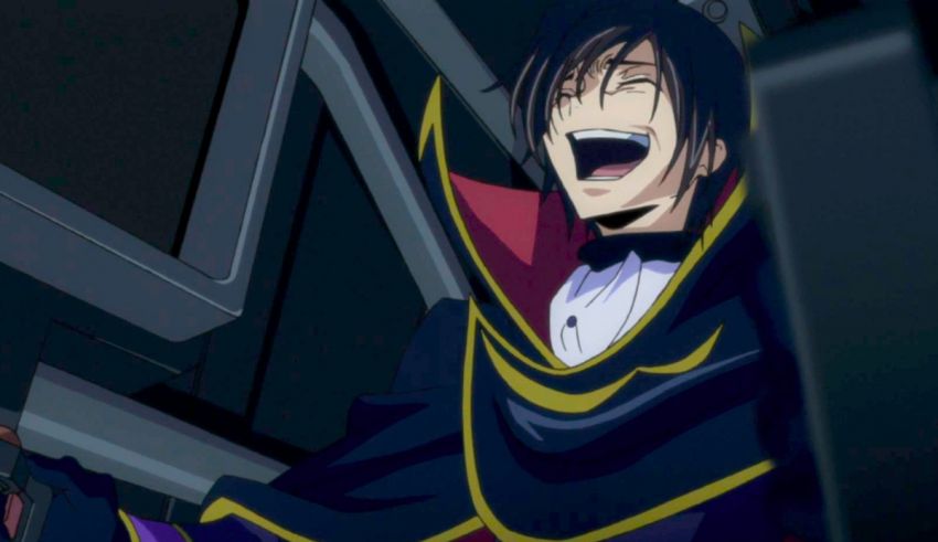 An anime character laughing in a dark room.