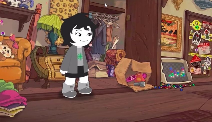 A cartoon girl is standing in a room with a lot of stuff.