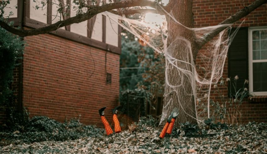 A tree with a spider web and halloween decorations.