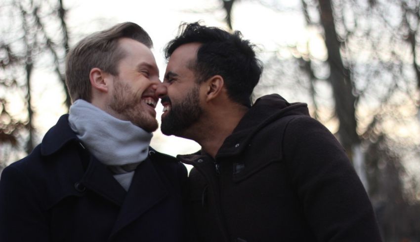 Two gay men kissing in the woods.